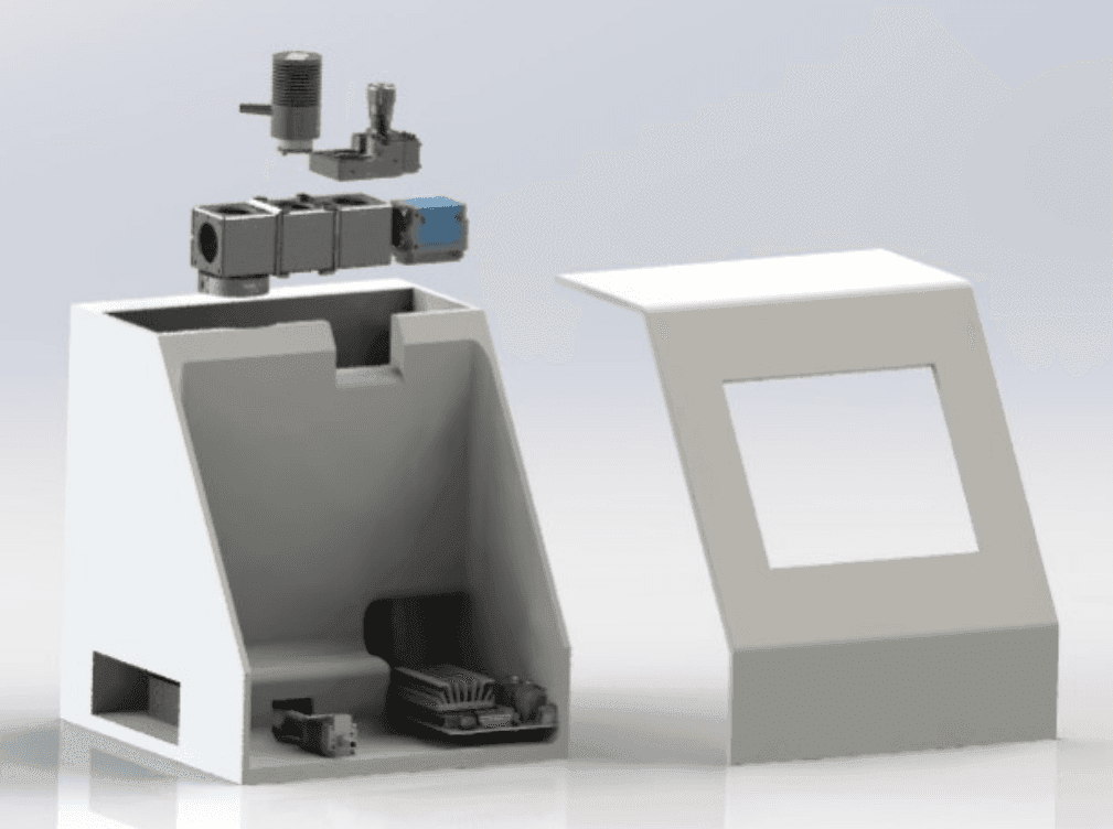 3D-rendered image of an exploded view of an electronic device enclosure with components arranged separately.