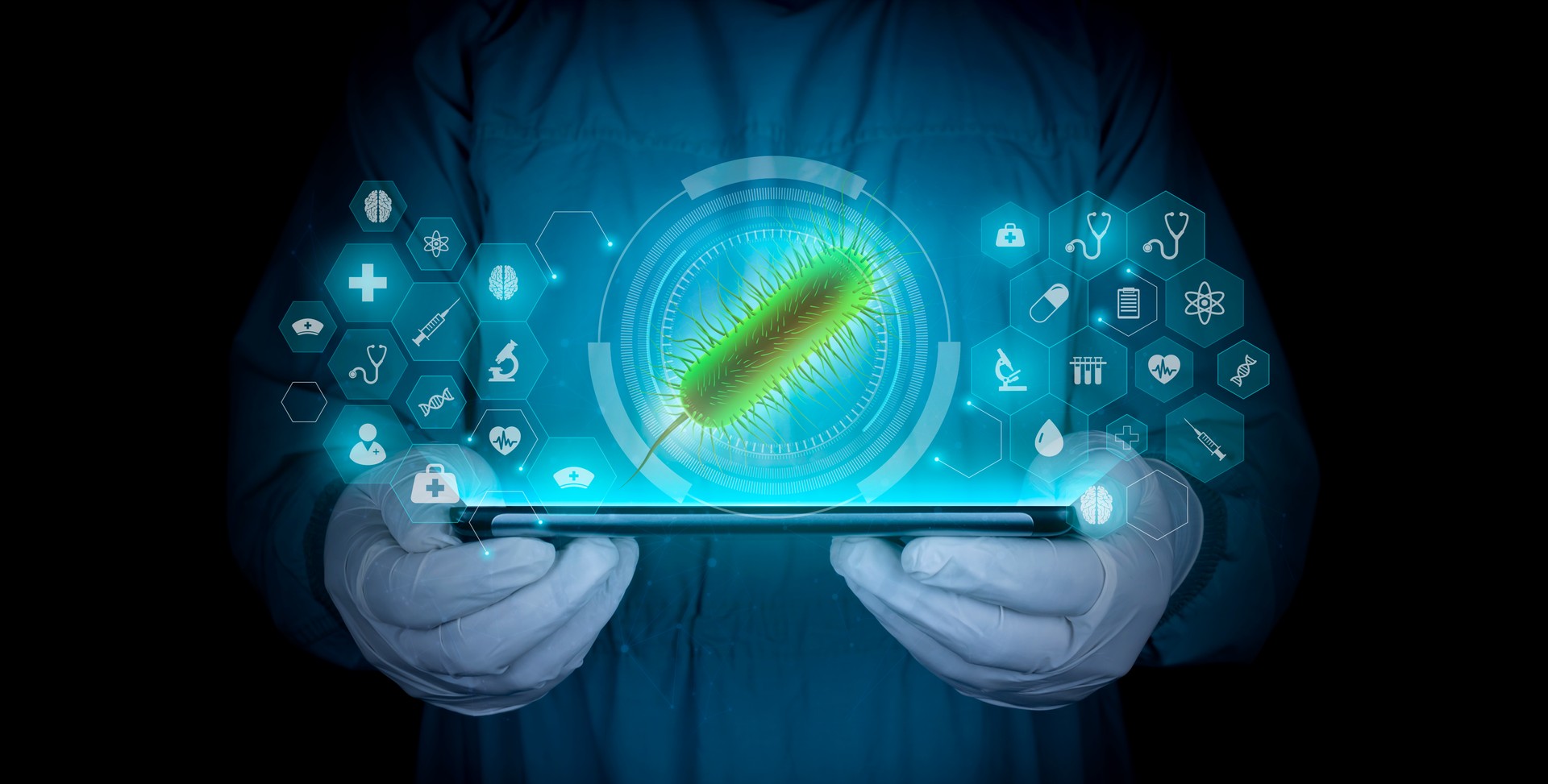 The scientist analyzes the e coli bacteria through a hologram. Concept of modern technology in microbiology.